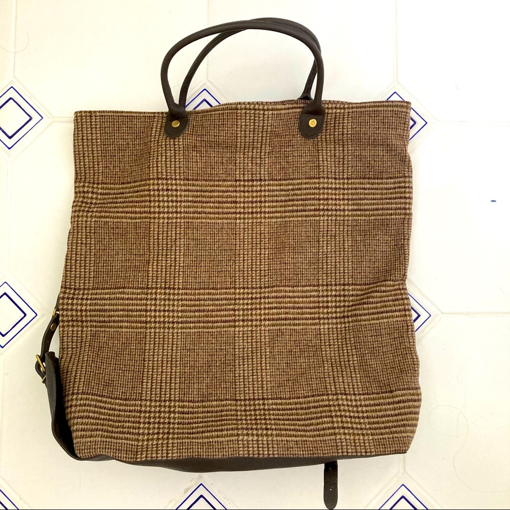 BROOKS BROTHERS brown plaid tote, leather straps